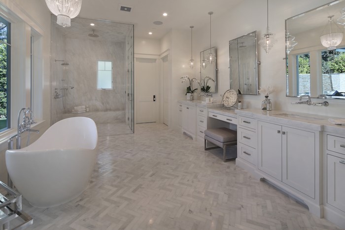 Luxury bathroom with freestanding tub and vanity