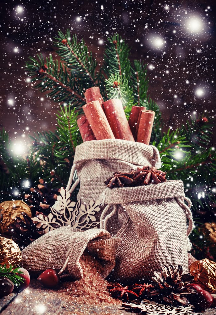 Christmas spices and pine branches with snow
