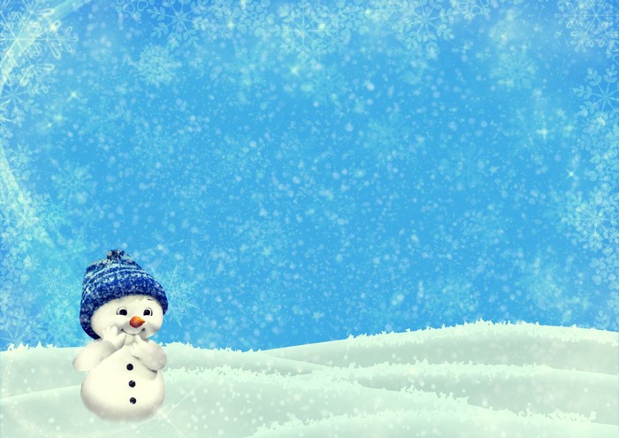 Snowman in a blue winter hat with snowflakes