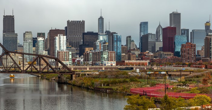 Chicago City Skyline with River and Bridge