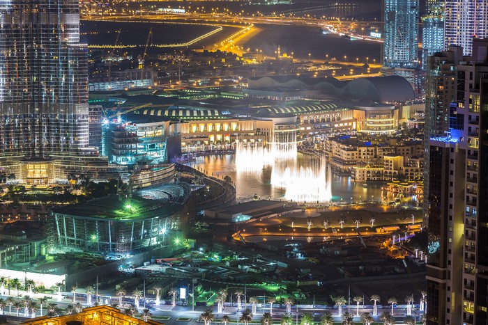 Dubai Megapolis at Night with Dubai Fountain