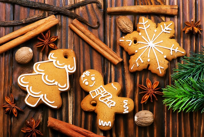 Christmas gingerbread cookies with spices and pine