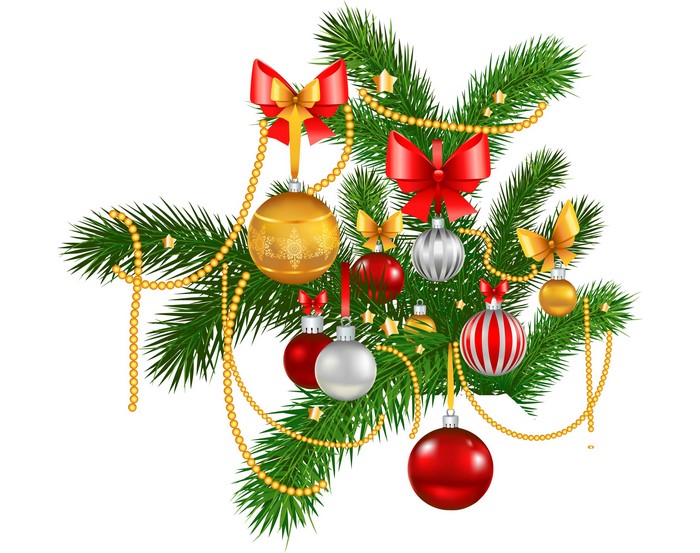 Christmas tree branches with ornaments and bows