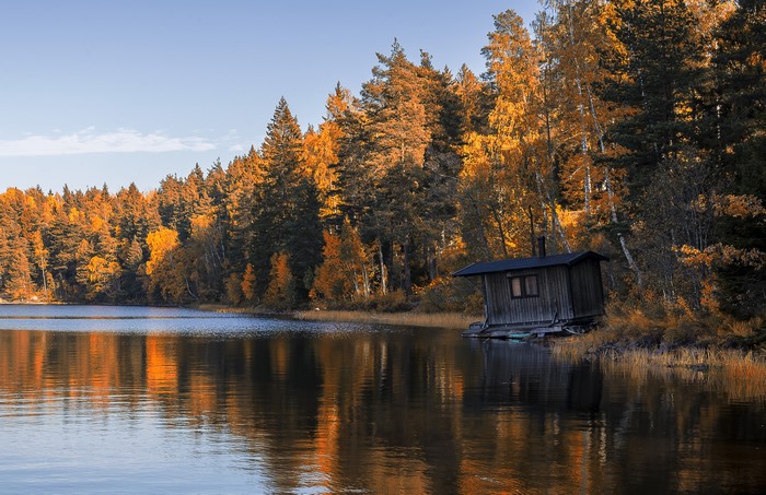 Wooden cabin on a lake during autumn