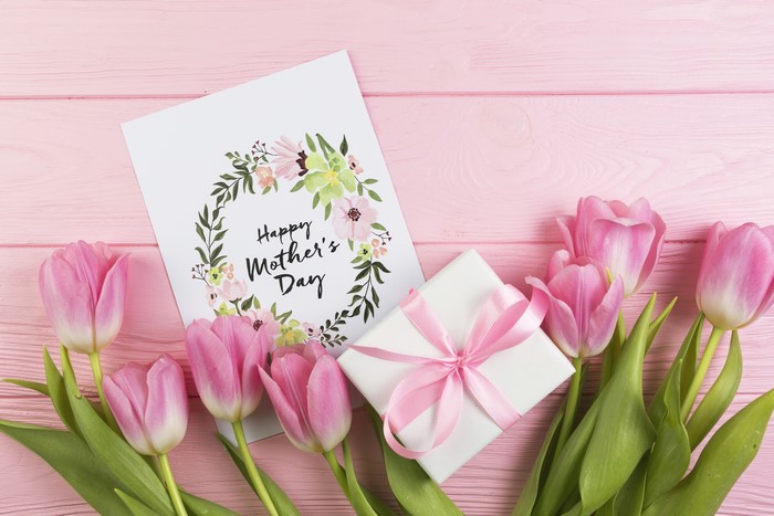 Pink Tulips and Mother's Day Card with Gift