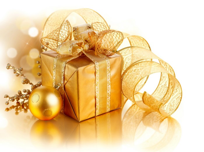 Golden Christmas Gift with Ribbon and Ornament