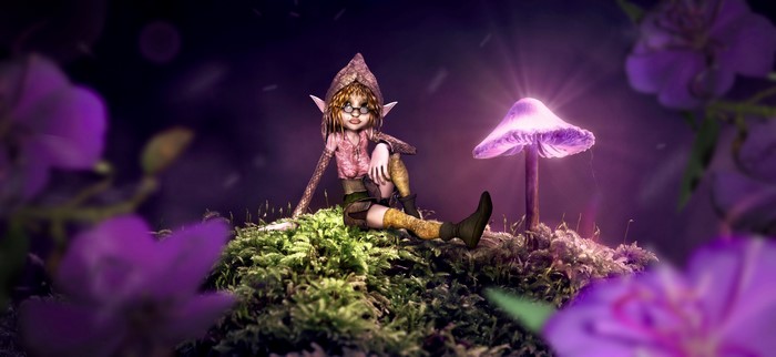 Elf with glasses sitting near a glowing mushroom