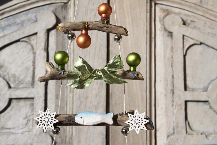 Christmas driftwood mobile with ornaments and fish