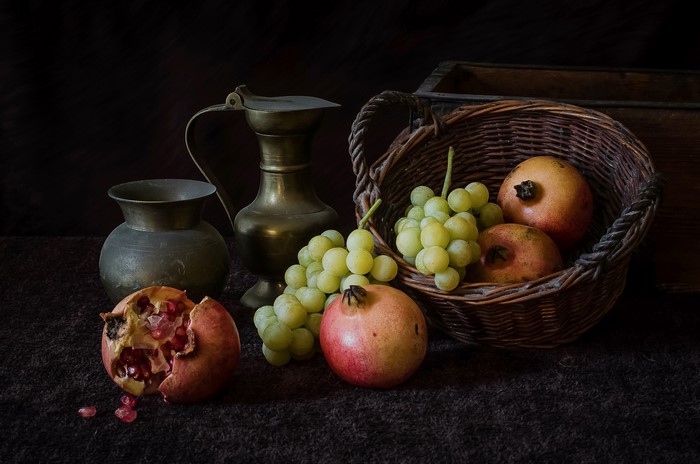 Rustic Still Life with Grapes and Pomegranates