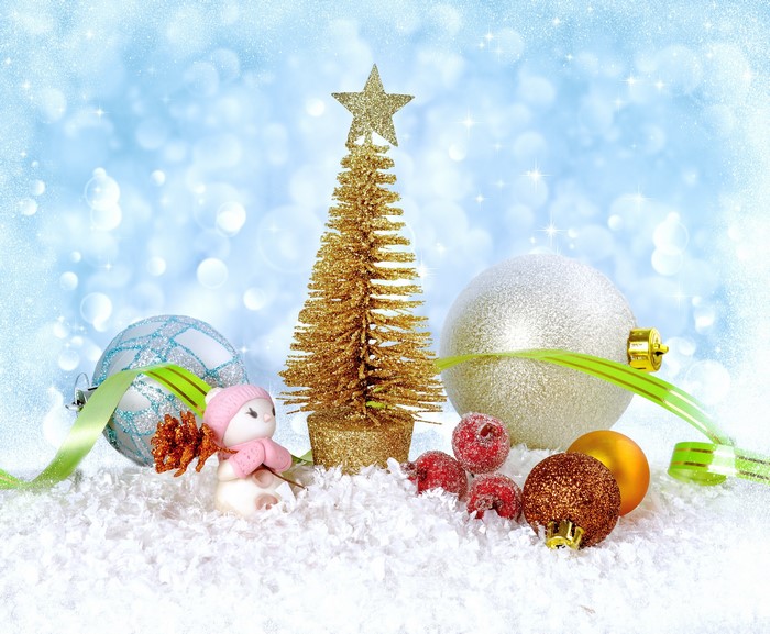 Christmas tree with ornaments and snow