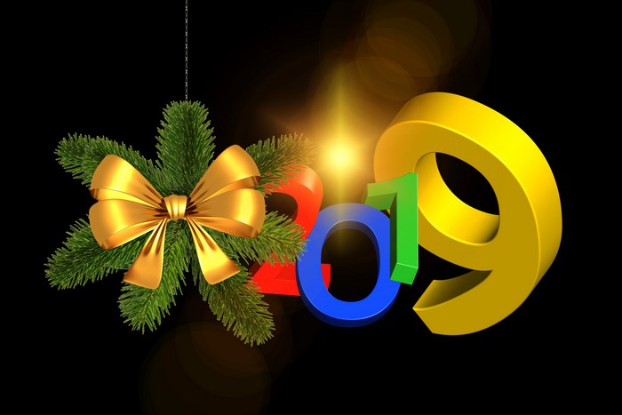 3D numbers 2019 with Christmas ornament and bow