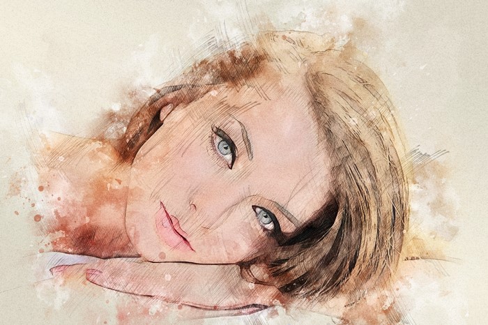 Painting of a brown-haired woman with blue eyes