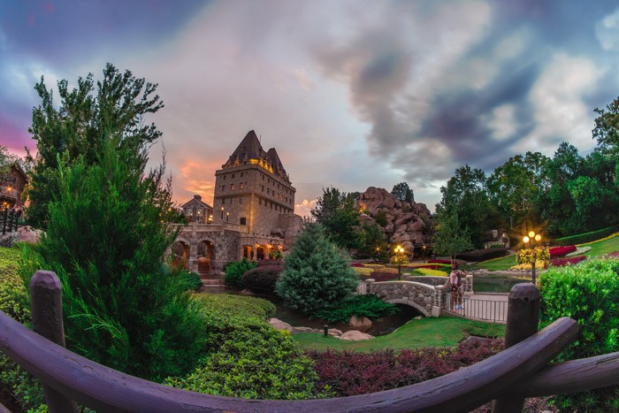 Castle and gardens at dusk