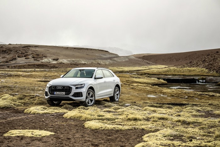 White Audi Q8 55 TFSI quattro in a natural landscape