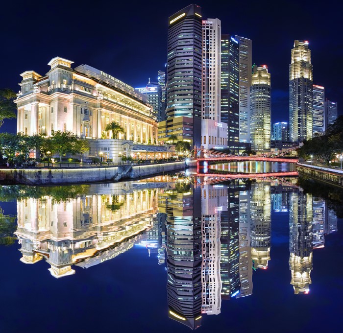 The Fullerton Hotel Singapore at Night with Reflections