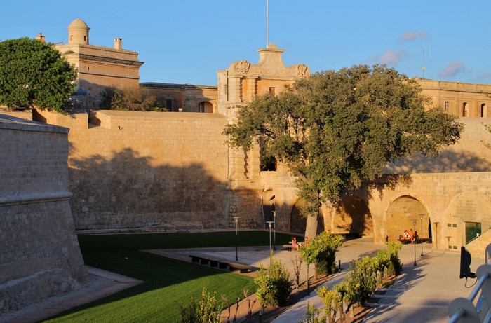 Mdina, Malta fortified walls and courtyard with trees