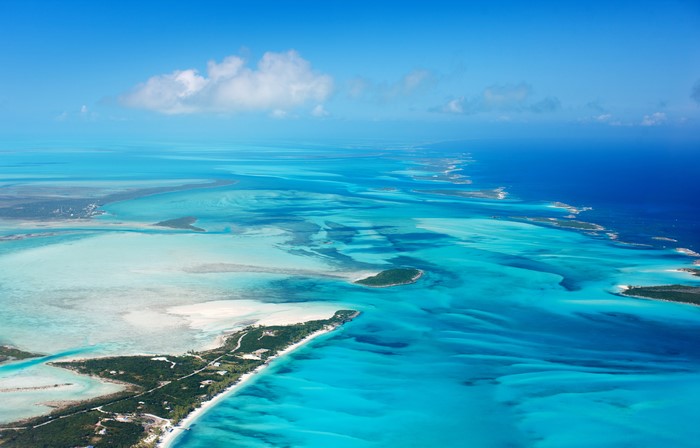 Aerial view of turquoise waters and islands in the Bahamas