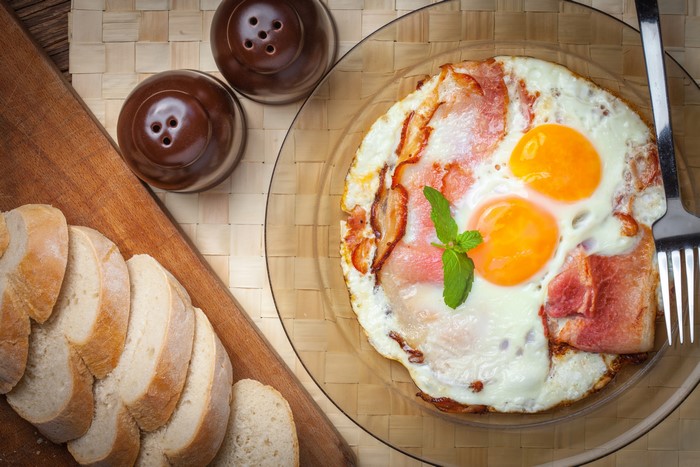 Fried eggs with bacon and bread