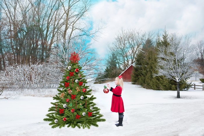 Girl Decorating Christmas Tree in Winter