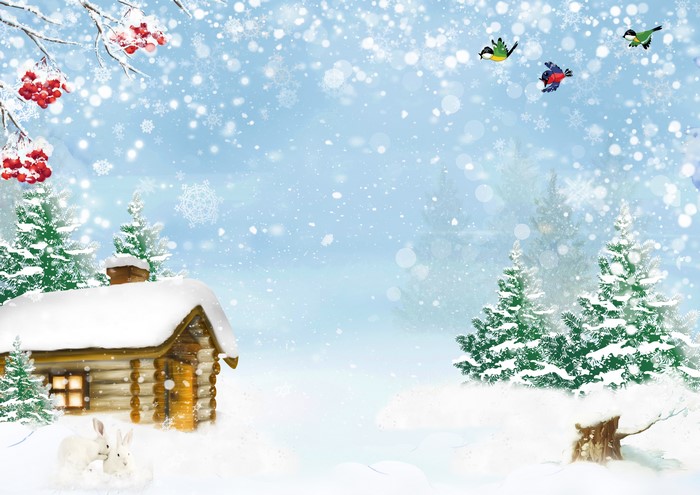Winter scene with log cabin, snow, and birds