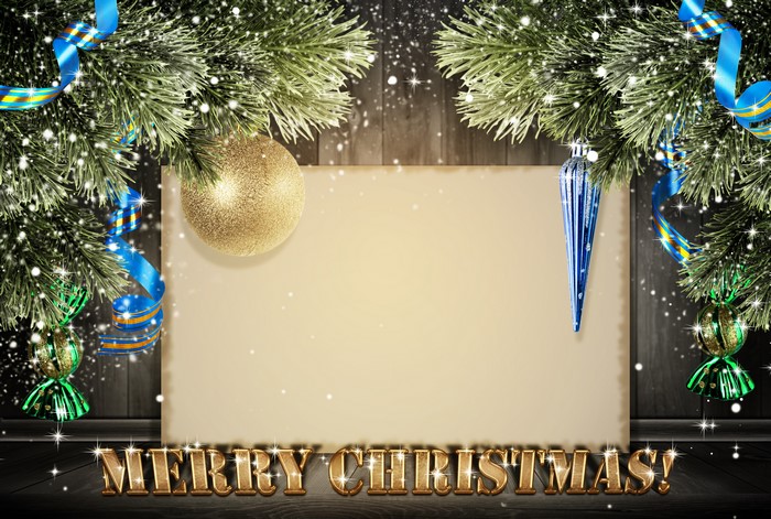 Christmas greeting card template with ornaments and ribbons