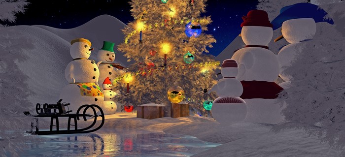 4K Winter Snowmen and Christmas Tree with Sled