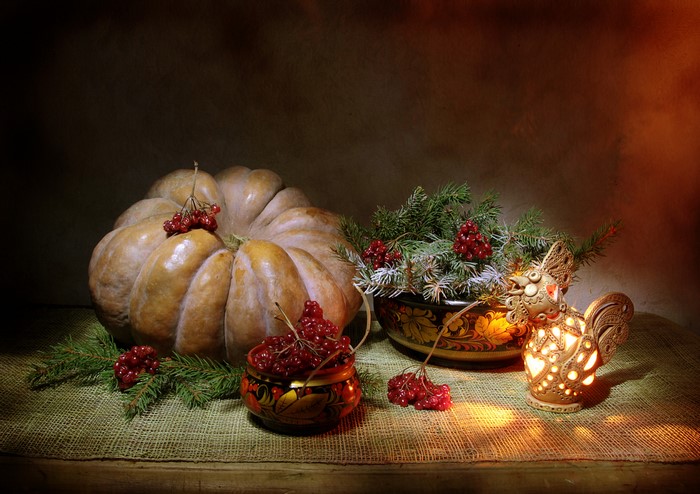 Still-life with pumpkin, sorbus, rooster, and branches