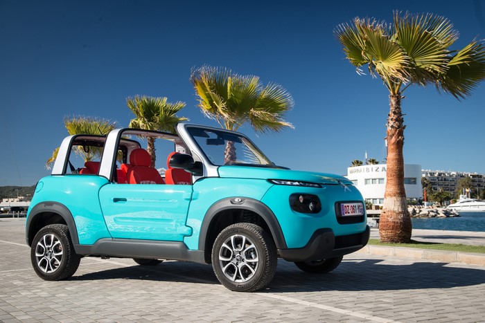 Citroen E-Mehari convertible car parked by the sea