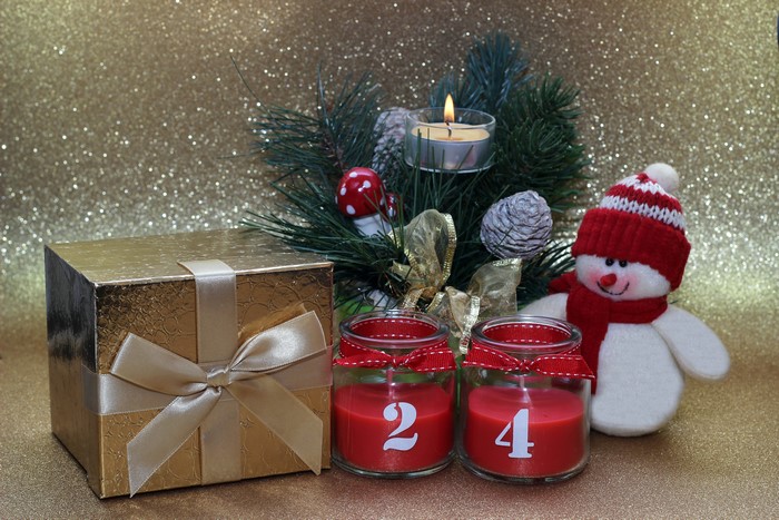 Christmas Gift Box, Candles, and Snowman
