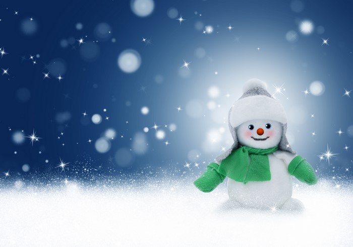 Snowman with Winter Hat and Scarf in Snow
