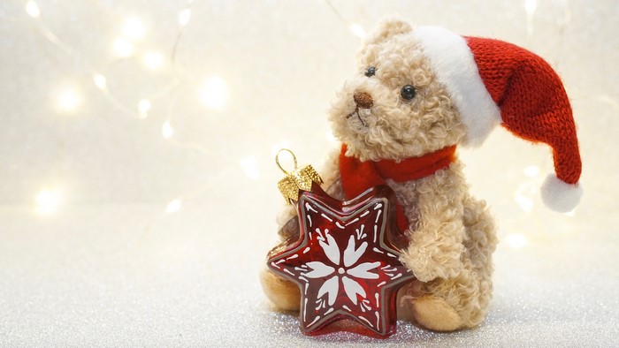 Teddy bear with Santa hat and star decoration