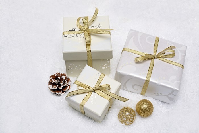 Christmas gifts with pine cone and ornaments