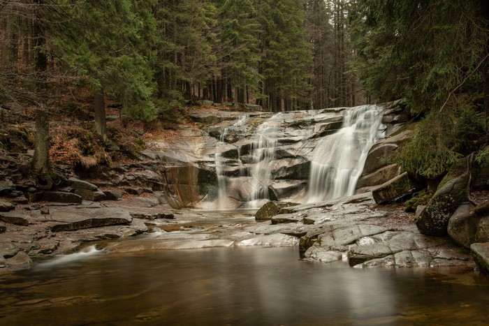 Waterfall cascading over rocks in a forest