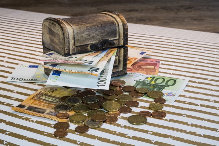 Treasure chest with Euro banknotes and coins