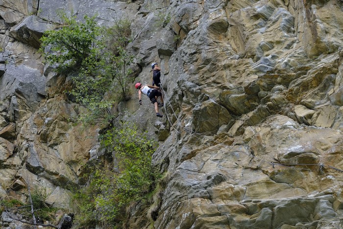 Two climbers on a rocky mountain face