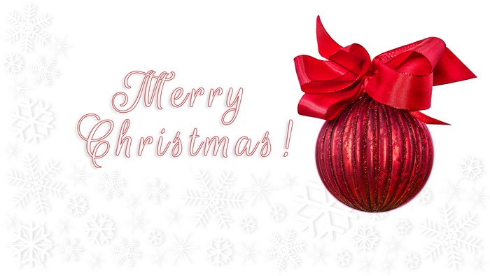 Merry Christmas ornament with red bow and snowflakes