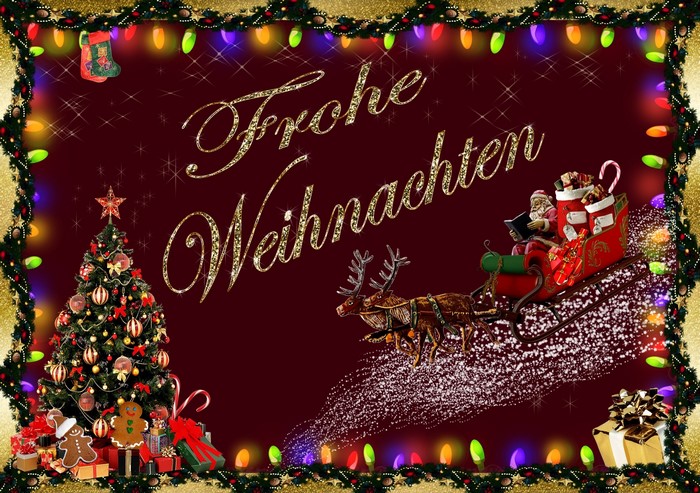 Frohe Weihnachten German Christmas Card with Santa and Sleigh