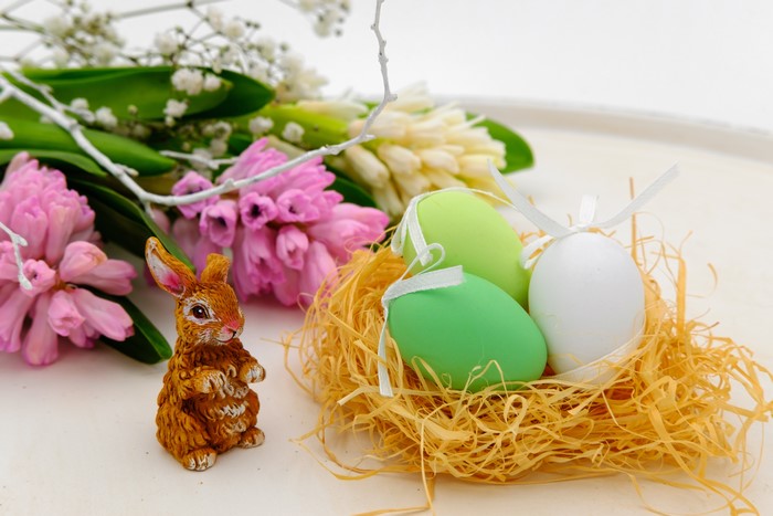 Easter eggs in a nest with flowers and a bunny