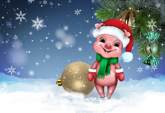 Christmas pig wearing Santa hat and scarf with ornaments