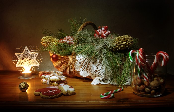 Christmas still life with cookies and candy canes