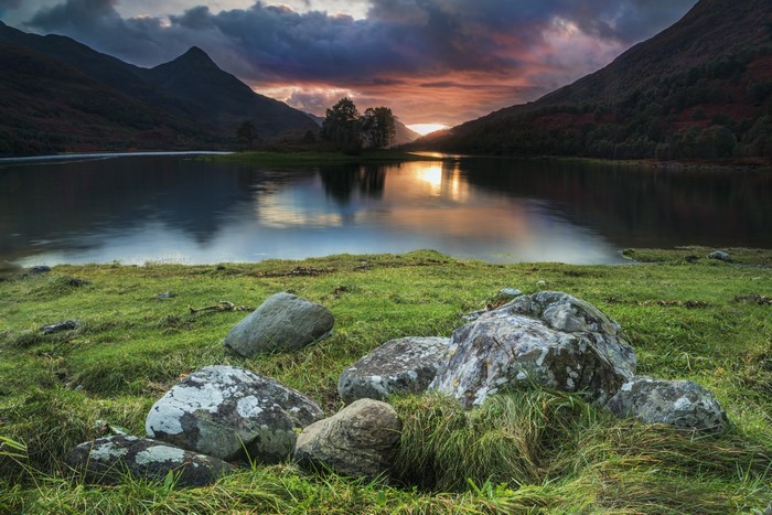 Loch Leven, Sweden at Sunset with Mountains and Stones