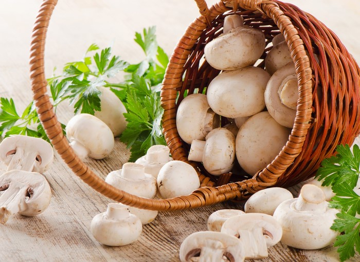 Mushrooms spilling from a wicker basket
