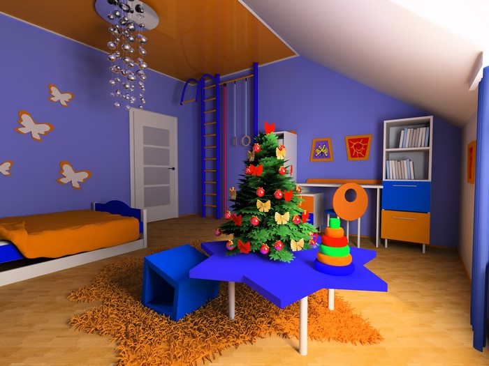 Children's room with Christmas tree and bed