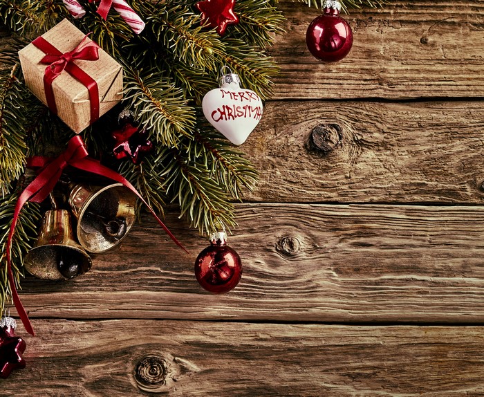 Christmas decorations on wooden planks