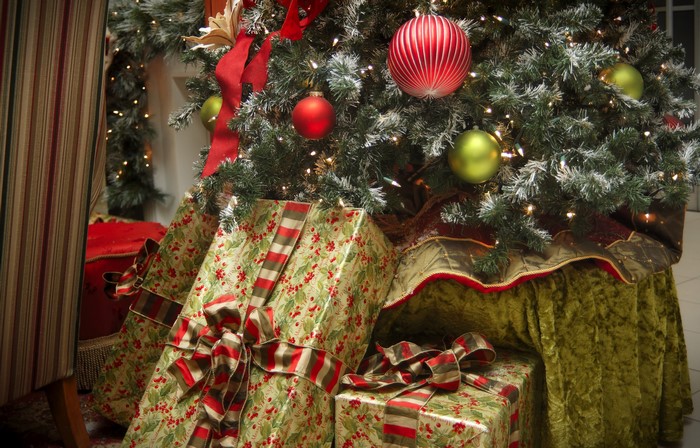 Christmas tree with ornaments and gifts