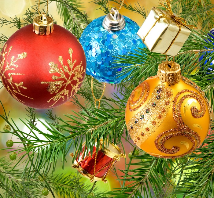 Christmas ornaments on pine branches