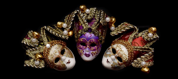 Three Venetian Carnival Masks with Gold and Pearls