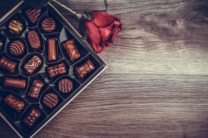 Box of chocolates with a red rose