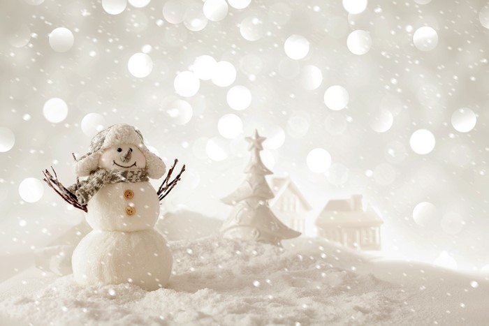 Snowman with Christmas tree and houses in snow