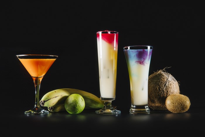 Cocktails with Bananas, Lime, Kiwi, and Coconuts